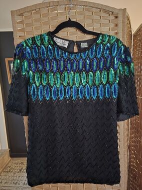 Vintage Laurence Kazar Peacock Blue Green Sequin Beaded Top Silk PL